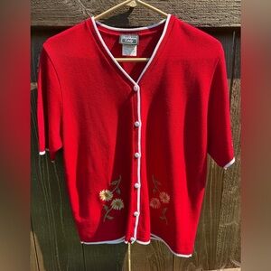 Vintage Cottage Southern Lady Red Sweater with Floral Embroidery